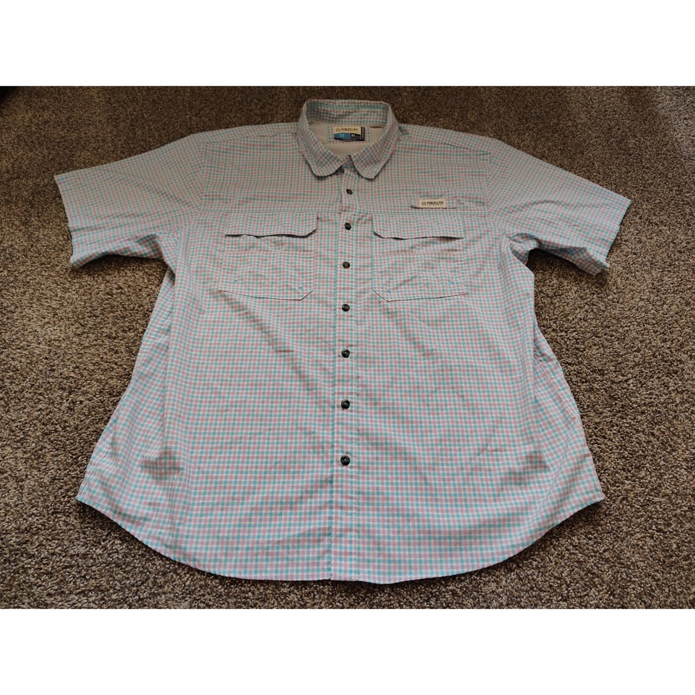 Magellan Outdoors Fish Gear Sabine Pass Shirt Mens 2XL Pink Blue Gingham Plaid